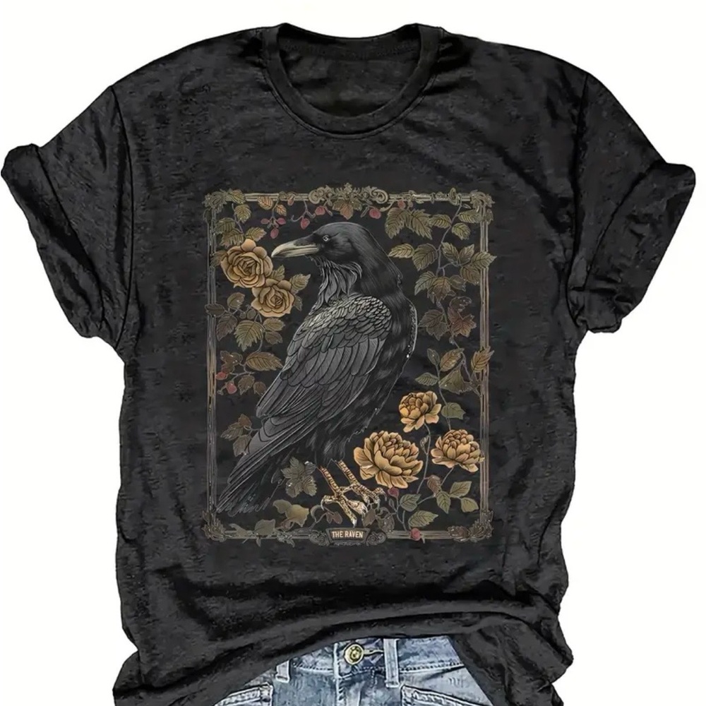 Source Unknown Black Graphic Tee with Raven & Gold Floral Print